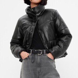 Gap vegan leather puffer coat jacket black size medium Tall